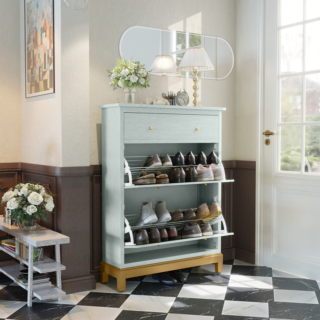 HLR® Space-Saving Hidden Shoe Cabinet – 2 Flip-Doors & 1 Drawer – Compact Storage for Entryway & Front Door