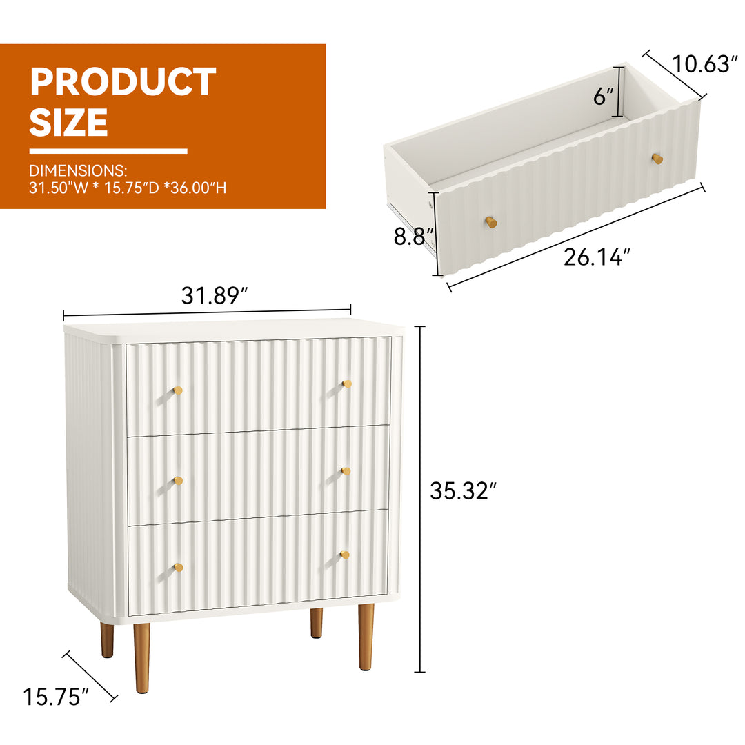 HLR® White Modern Tall Wood Dresser 3-Drawer Storage Cabinet with Fluted Texture – Stylish Organizer for Bedroom, Closet, Living Room & Hallway