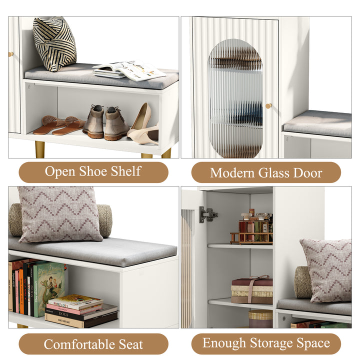 HLR® Modern Shoe Cabinet Bench – Glass Door, Shelf & Padded Seat – Multifunctional Storage for Entryway & Hallway