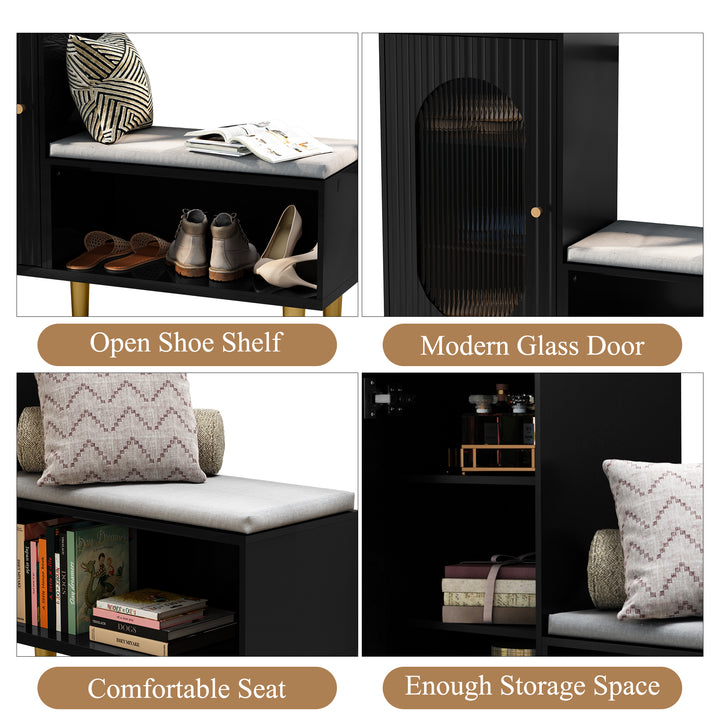 HLR® Modern Shoe Cabinet Bench – Glass Door, Shelf & Padded Seat – Multifunctional Storage for Entryway & Hallway