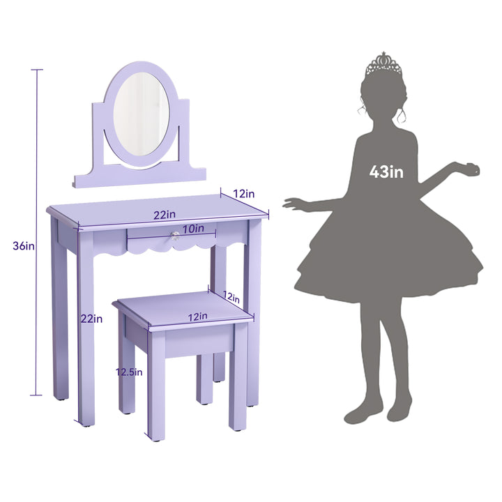 HLR® Princess 2-in-1 Wooden Kids Vanity Set with Detachable Mirror, Drawer & Stool – Pretend Play Makeup Desk for Girls Ages 3+