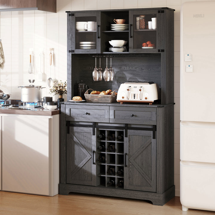 HLR® Wine Bar Buffet Cabinet – Sliding Barn Door, Drawers & Wine/Glass Rack – Stylish Storage for Dining Room