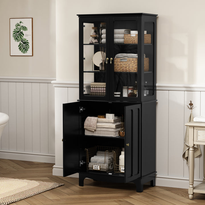 HLR® 72" Classical Freestanding Pantry Sideboard with Glass Doors – Adjustable Shelves Tall Storage Cabinet for Kitchen, Dining & Living Room