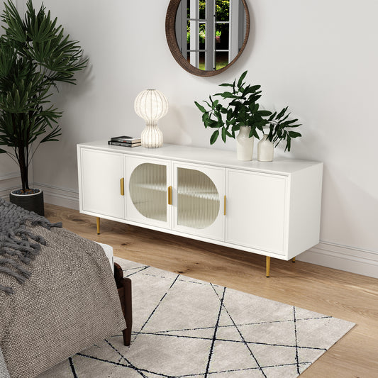 HLR® Modern TV Stand for TVs Up to 70" with Glass-Door Console & Gold Legs – Wooden Entertainment Center for Living & Bedroom