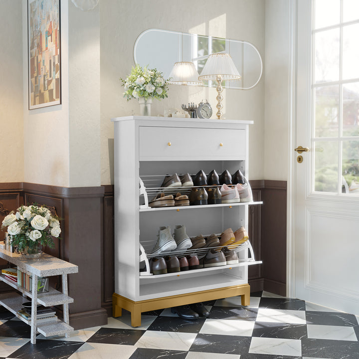 HLR® Space-Saving Hidden Shoe Cabinet – 2 Flip-Doors & 1 Drawer – Compact Storage for Entryway & Front Door