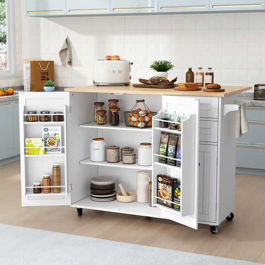 HLR® 50.4" Multifunctional Wooden Kitchen Island – 3 Doors, 2 Drawers, Spice Rack & Storage (Prep & Organization Cart)