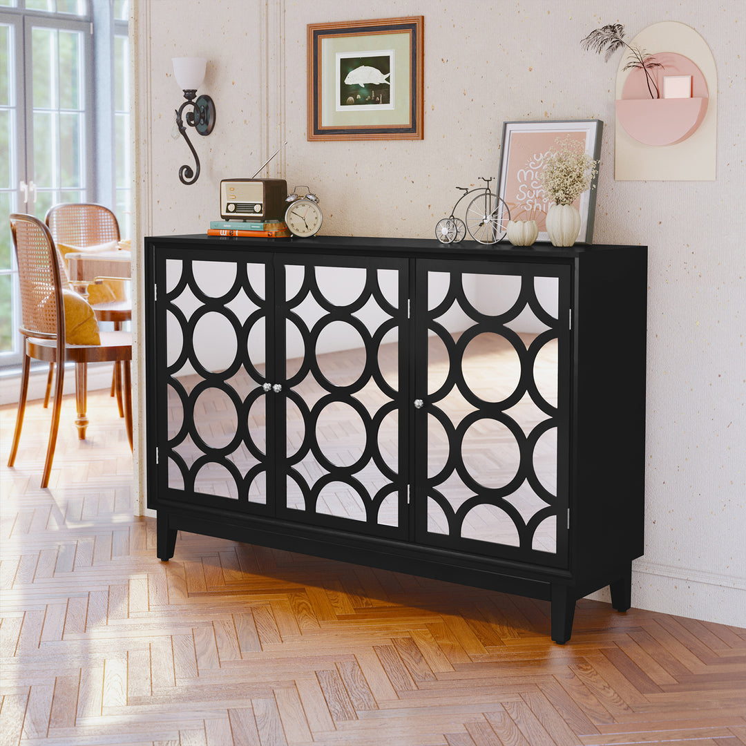HLR® Modern Sideboard Buffet with 4 Mirror Doors – Glam Accent Storage Cabinet for Living, Dining & Entryway