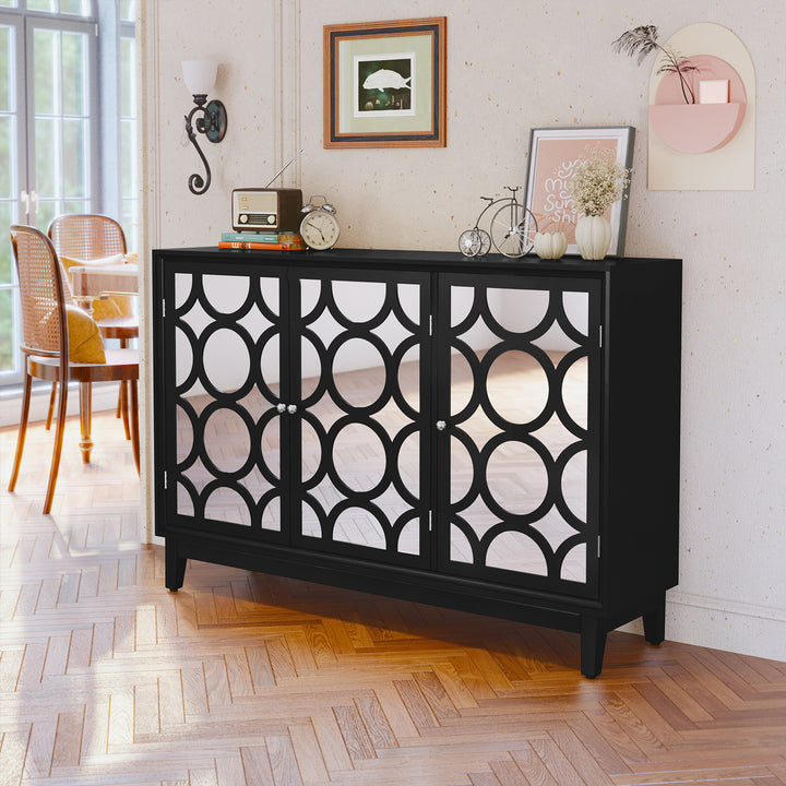 HLR® Modern Sideboard Buffet with 4 Mirror Doors – Glam Accent Storage Cabinet for Living, Dining & Entryway