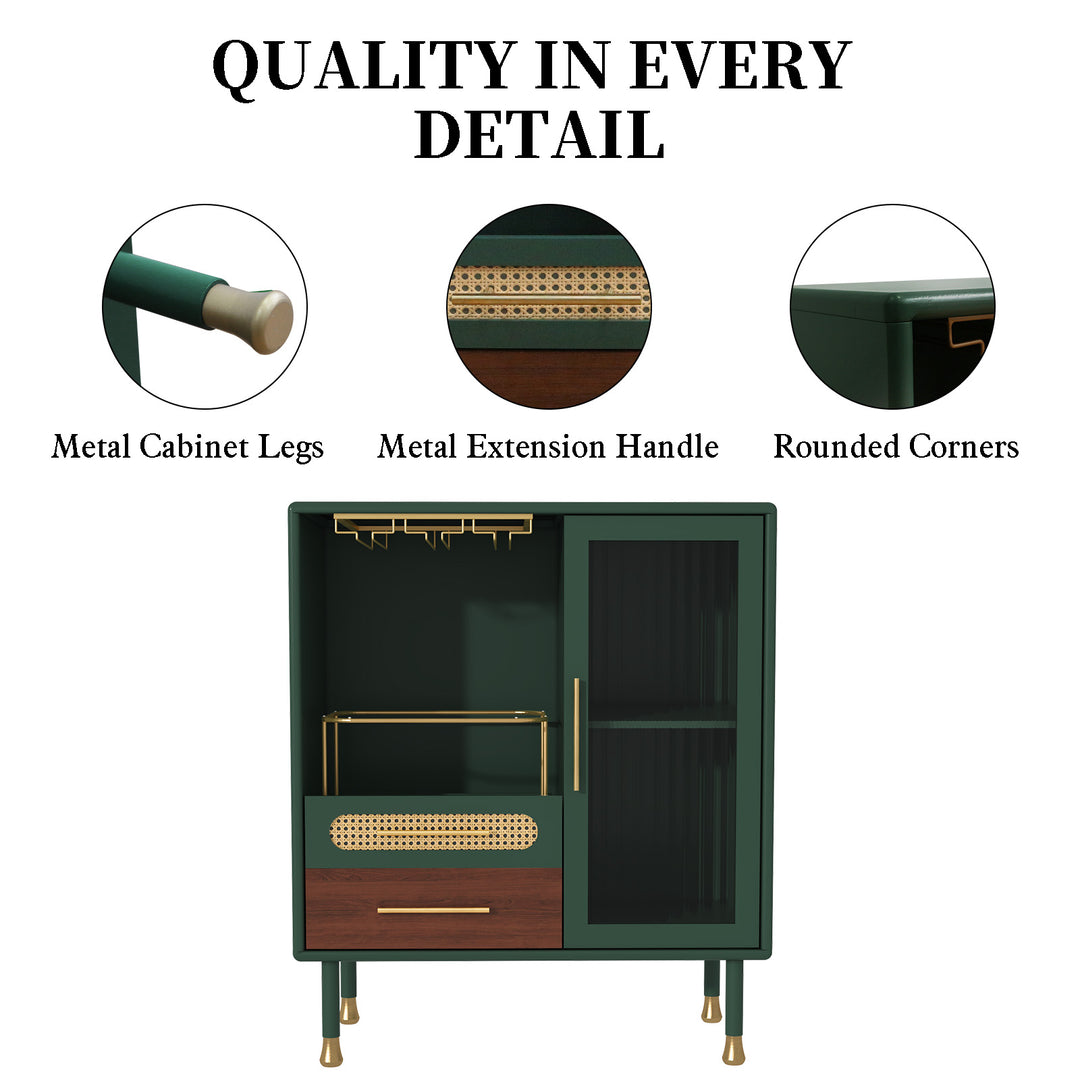 HLR® Modern Green Coffee Bar & Liquor Cabinet – Pull-Out Wine Storage, Wine Glass Rack & Drawers – Versatile Storage for Kitchen, Dining & Living Room