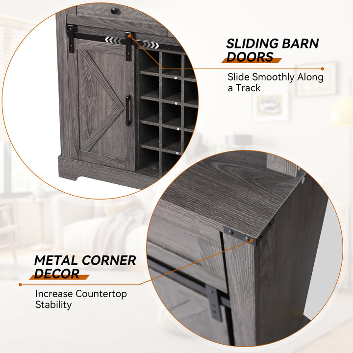 HLR® Wine Bar Buffet Cabinet – Sliding Barn Door, Drawers & Wine/Glass Rack – Stylish Storage for Dining Room