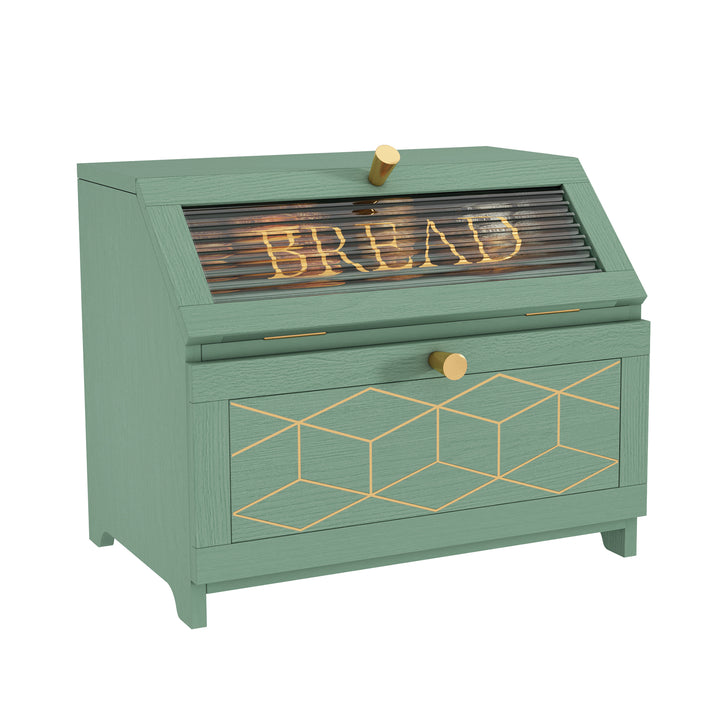 HLR® Double Layer Wooden Bread Box with Golden Trim – Space-Saving Corner Design – Countertop Kitchen Storage