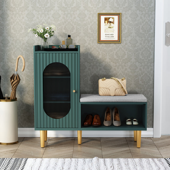 HLR® Modern Shoe Cabinet Bench – Glass Door, Shelf & Padded Seat – Multifunctional Storage for Entryway & Hallway