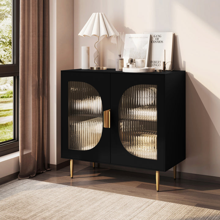 HLR® Modern Wood Credenza Sideboard – 2-Glass Door Storage – Stylish Organizer for Kitchen, Dining & Living Room