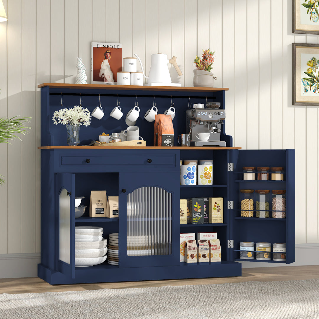 HLR® 48" Farmhouse-Style Kitchen Pantry with Glass Doors & Drawer – Wood Coffee Bar Cabinet with Microwave Hutch for Living & Dining Rooms