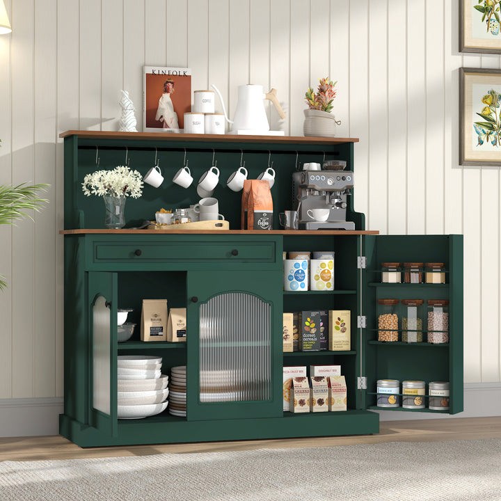 HLR® 48" Farmhouse-Style Kitchen Pantry with Glass Doors & Drawer – Wood Coffee Bar Cabinet with Microwave Hutch for Living & Dining Rooms