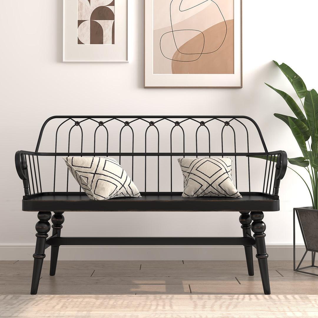 HLR® Mid-Century Modern Entryway Bench – Metal Frame with Solid Wood Legs | Industrial Hallway Seating with Retro Charm