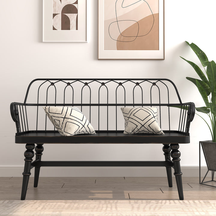 HLR® Mid-Century Modern Entryway Bench – Metal Frame with Solid Wood Legs | Industrial Hallway Seating with Retro Charm