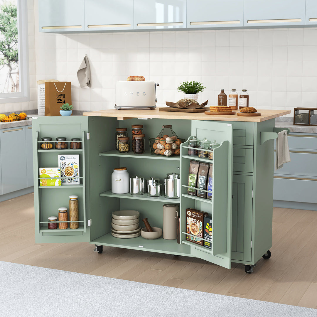 HLR® 50.4" Multifunctional Wooden Kitchen Island – 3 Doors, 2 Drawers, Spice Rack & Storage (Prep & Organization Cart)