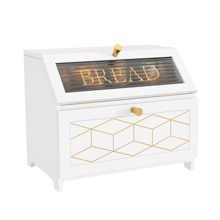 HLR® Double Layer Wooden Bread Box with Golden Trim – Space-Saving Corner Design – Countertop Kitchen Storage
