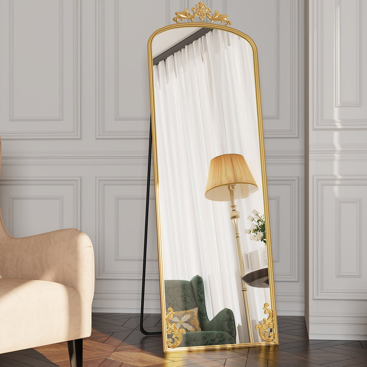 HLR® Arched Full Length Floor Mirror with Carved Metal Frame – 65" Tall – Stylish Home Decor for Bedroom, Dressing Room & Entryway