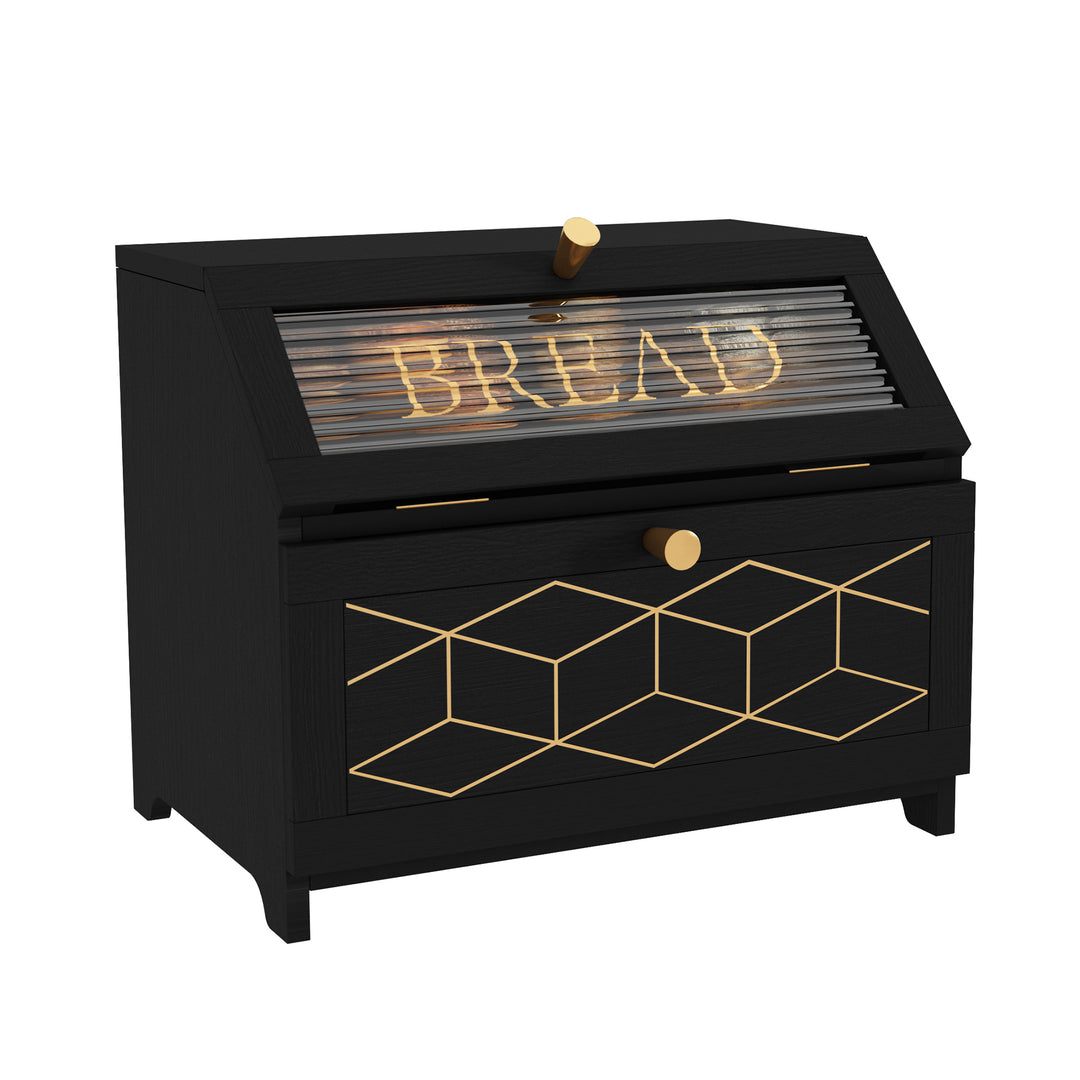 HLR® Double Layer Wooden Bread Box with Golden Trim – Space-Saving Corner Design – Countertop Kitchen Storage