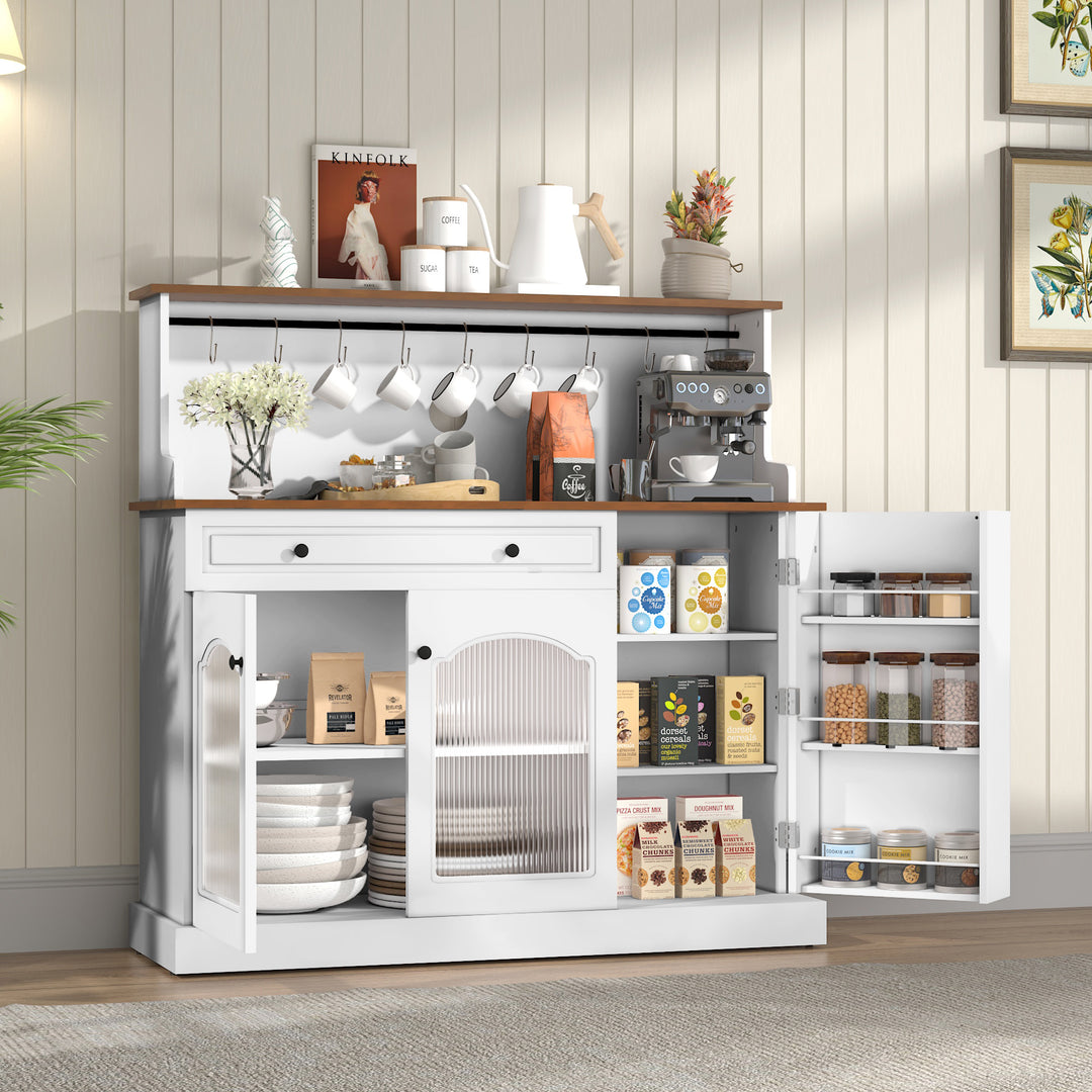 HLR® 48" Farmhouse-Style Kitchen Pantry with Glass Doors & Drawer – Wood Coffee Bar Cabinet with Microwave Hutch for Living & Dining Rooms