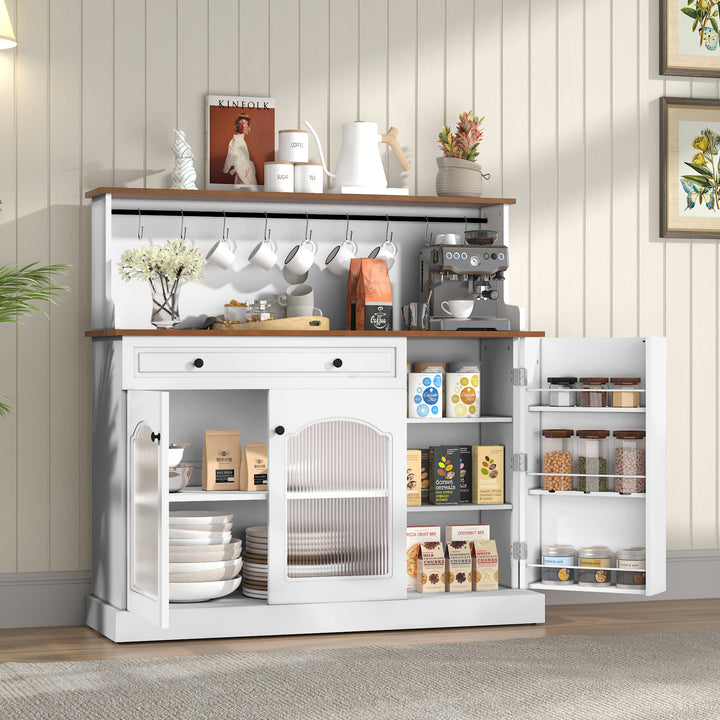 HLR® 48" Farmhouse-Style Kitchen Pantry with Glass Doors & Drawer – Wood Coffee Bar Cabinet with Microwave Hutch for Living & Dining Rooms