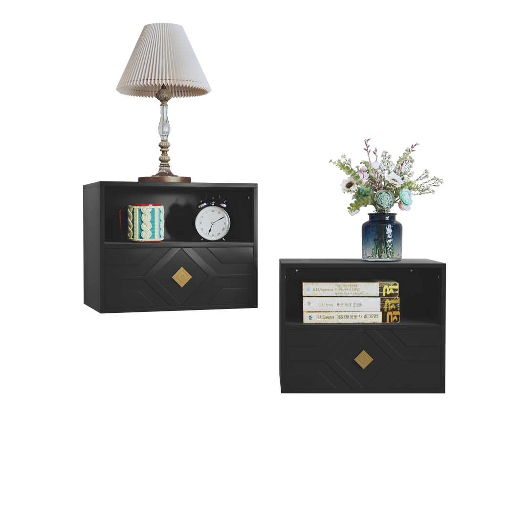 HLR® Modern Floating Nightstand Set of 2 with Drawer & Embossed Design – Wall-Mounted Bedside Tables with Storage for Bedroom