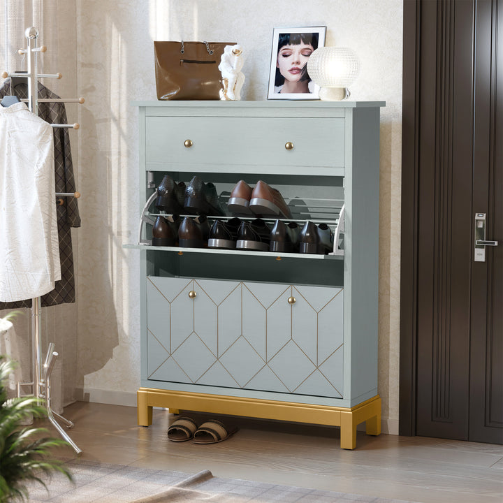 HLR® Space-Saving Hidden Shoe Cabinet – 2 Flip-Doors & 1 Drawer – Compact Storage for Entryway & Front Door