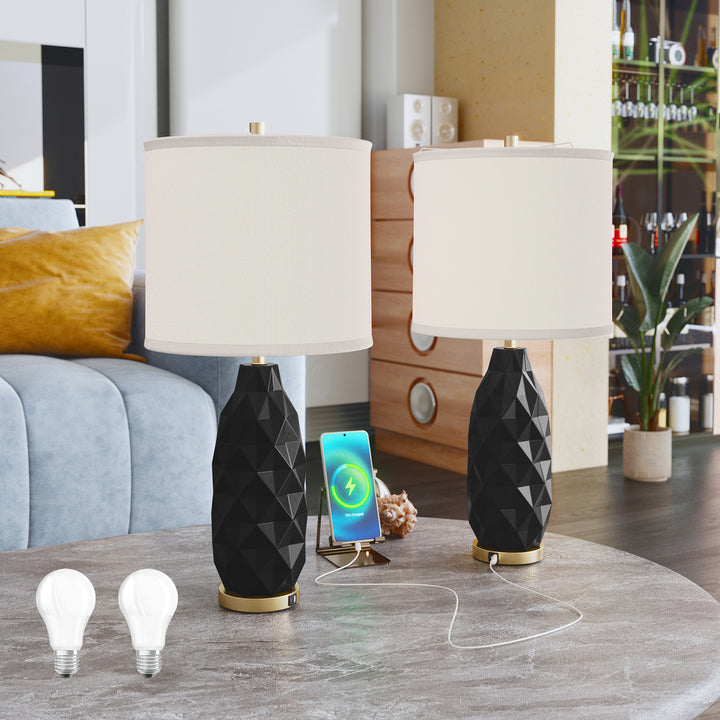 HLR® Set of 2 Modern 3-Way Dimmable Table Lamps with LED Bulbs Included and USB Charging Port for Bedside and Living Room Use
