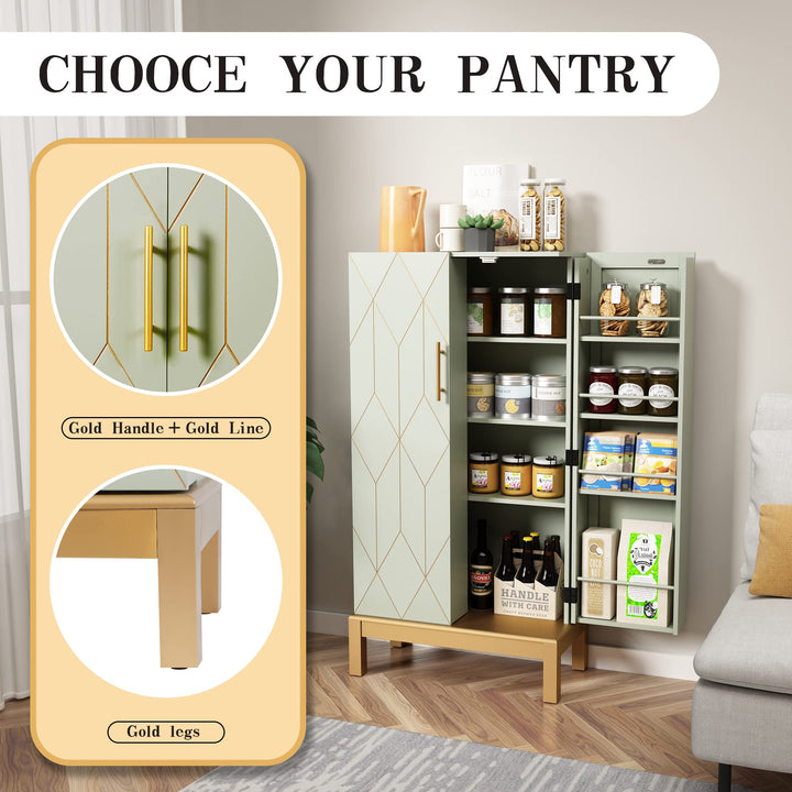 HLR® 45" Kitchen Pantry Cabinet with Gold Trim – Storage Cabinet for Kitchen & Dining Room