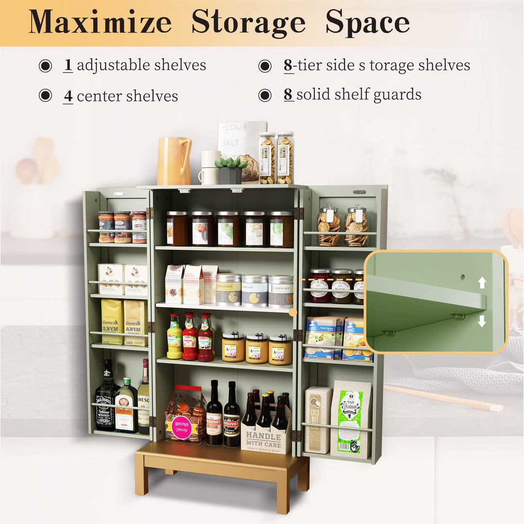 HLR® 45" Kitchen Pantry Cabinet with Gold Trim – Storage Cabinet for Kitchen & Dining Room