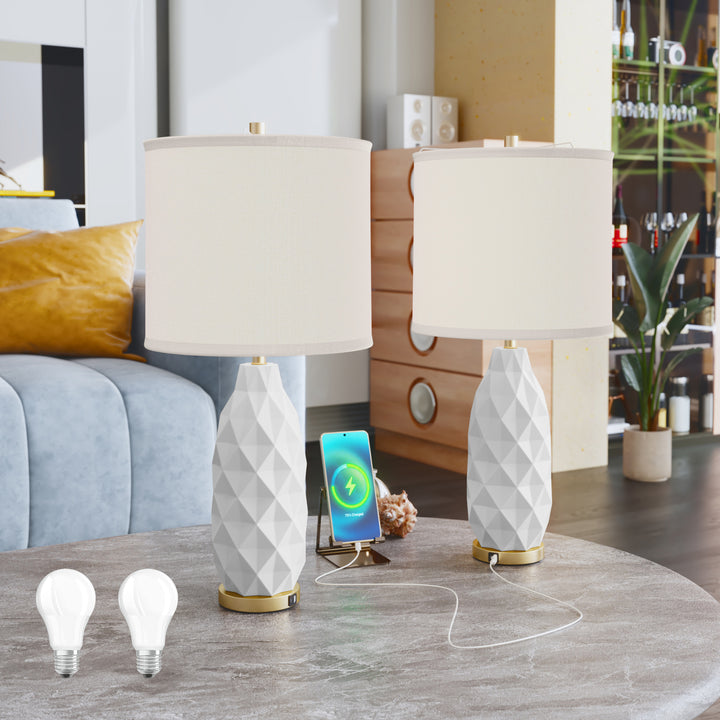 HLR® Set of 2 Modern 3-Way Dimmable Table Lamps with LED Bulbs Included and USB Charging Port for Bedside and Living Room Use