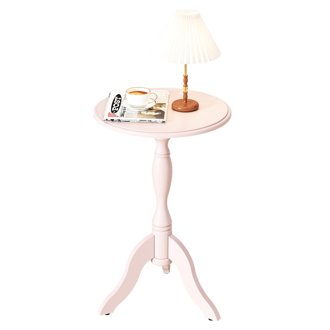 HLR® Pink Round Wooden Pedestal End Table – Vintage-Inspired Side Table with Textured Design for Living, Bedroom & Entryway