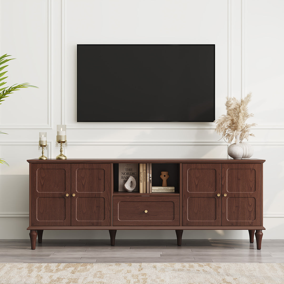 HLR® 67"Mid-Century Modern TV Stand for 75" TVs – Retro Walnut Media Console with 3 Doors, 2 Drawers & Adjustable Shelves