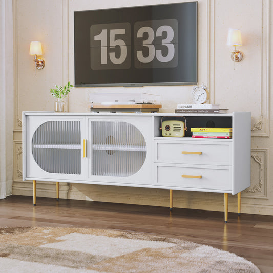 HLR® Modern Wood TV Stand – Glass Door & Drawers – Stylish Storage for Living Room