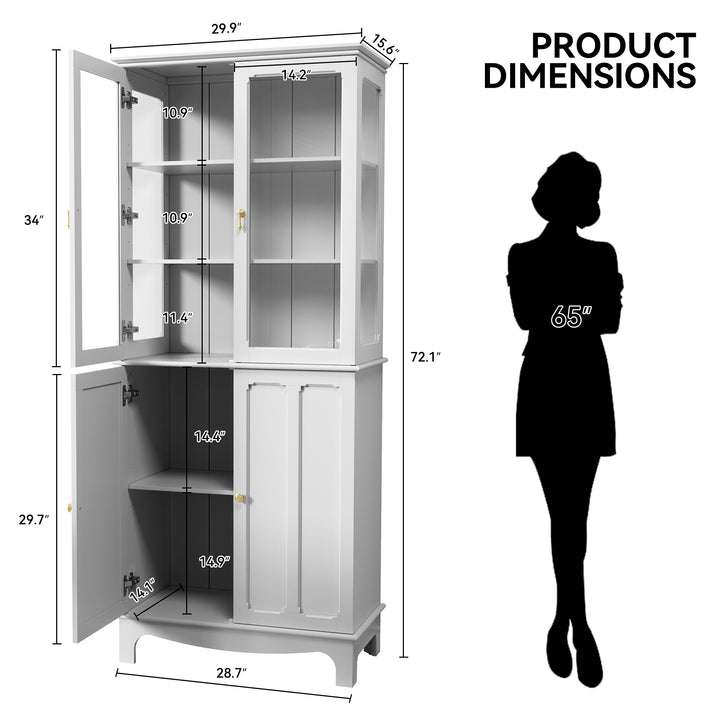 HLR® 72" Classical Freestanding Pantry Sideboard with Glass Doors – Adjustable Shelves Tall Storage Cabinet for Kitchen, Dining & Living Room