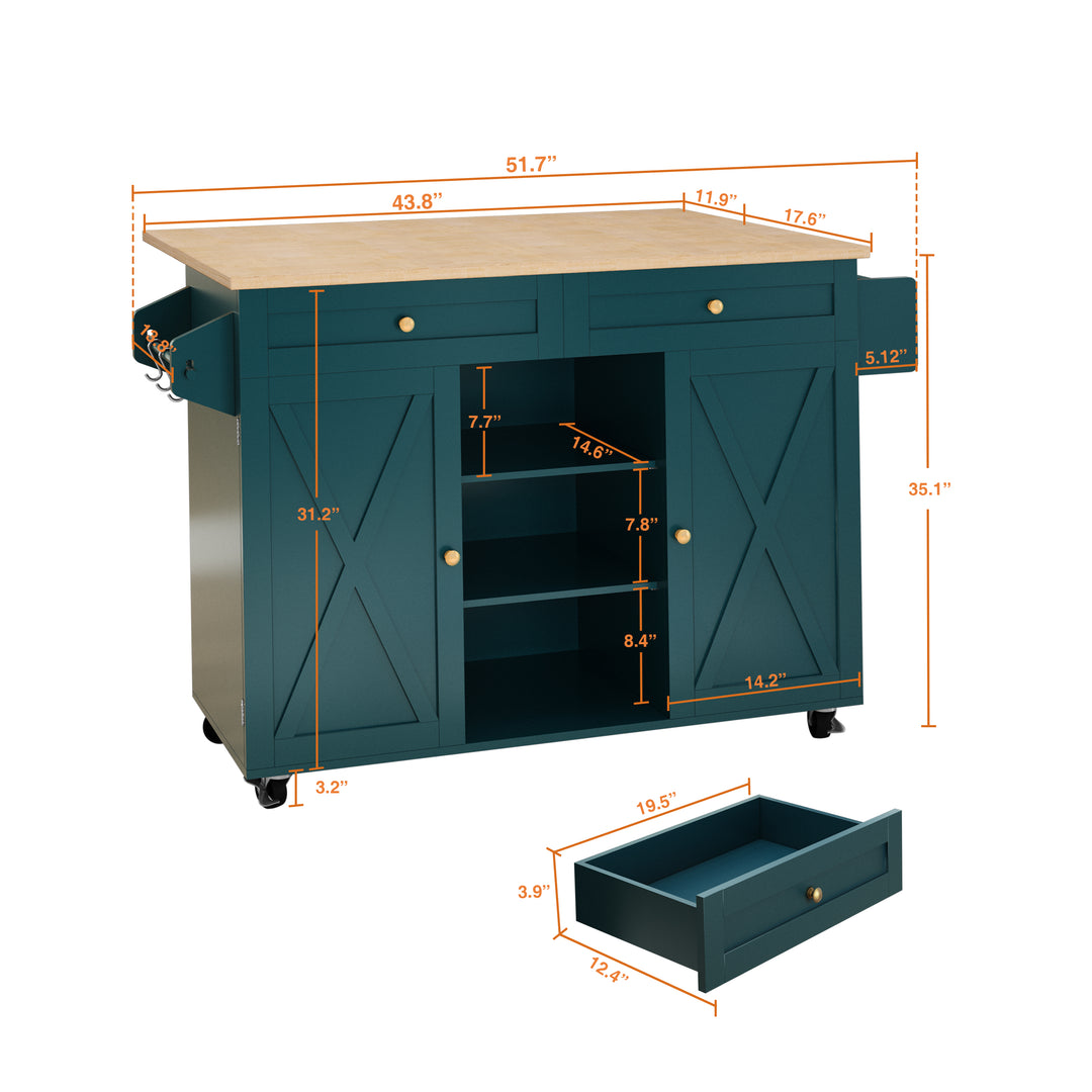 HLR® Rolling Kitchen Island with Drop-Leaf Countertop & Barn Door Design – Mobile Cart with Storage Cabinet & Tower Rack for Kitchen