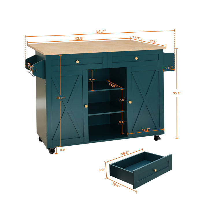 HLR® Rolling Kitchen Island with Drop-Leaf Countertop & Barn Door Design – Mobile Cart with Storage Cabinet & Tower Rack for Kitchen