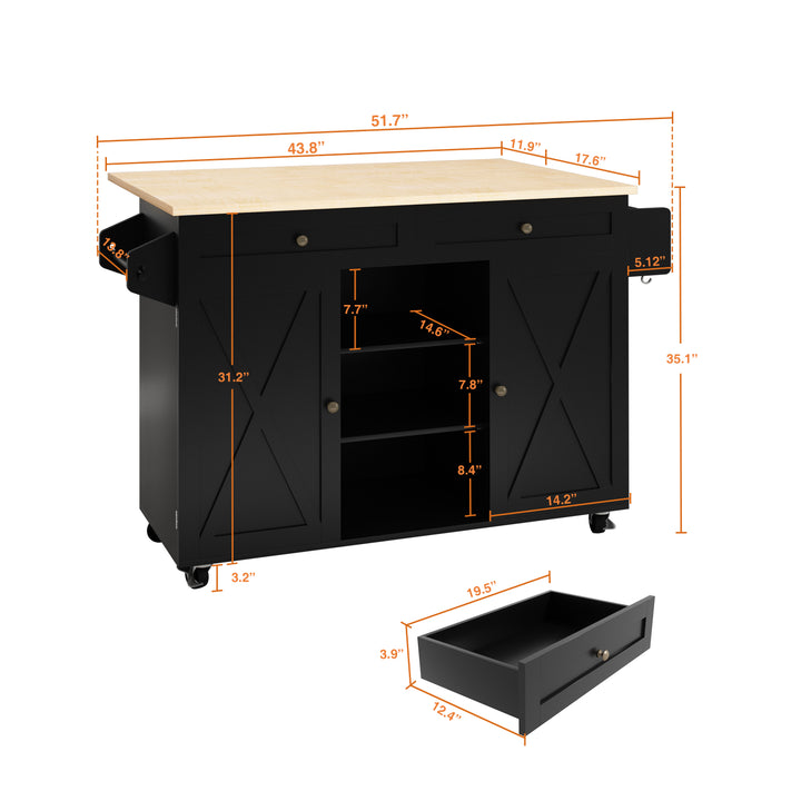 HLR® Rolling Kitchen Island with Drop-Leaf Countertop & Barn Door Design – Mobile Cart with Storage Cabinet & Tower Rack for Kitchen