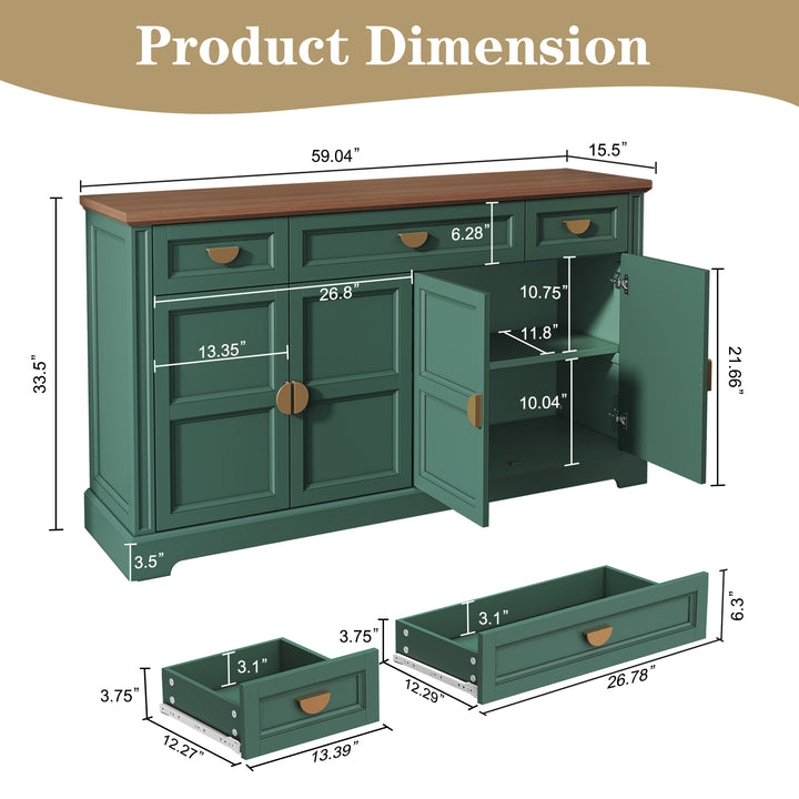 HLR® 59" Modern Large Sideboard Buffet Cabinet with 3 Drawers & 4 Doors – Organize Kitchen Clutter & Maximize Space, Green/White
