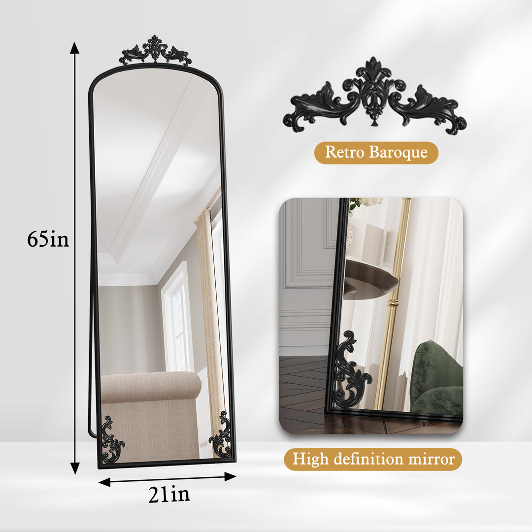 HLR® Arched Full Length Floor Mirror with Carved Metal Frame – 65" Tall – Stylish Home Decor for Bedroom, Dressing Room & Entryway
