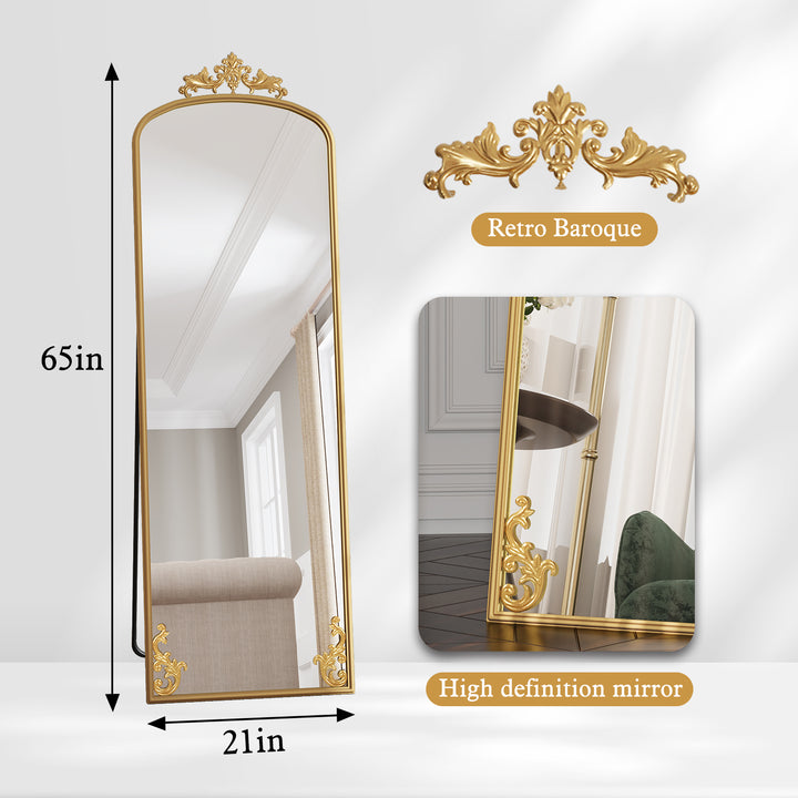 HLR® Arched Full Length Floor Mirror with Carved Metal Frame – 65" Tall – Stylish Home Decor for Bedroom, Dressing Room & Entryway