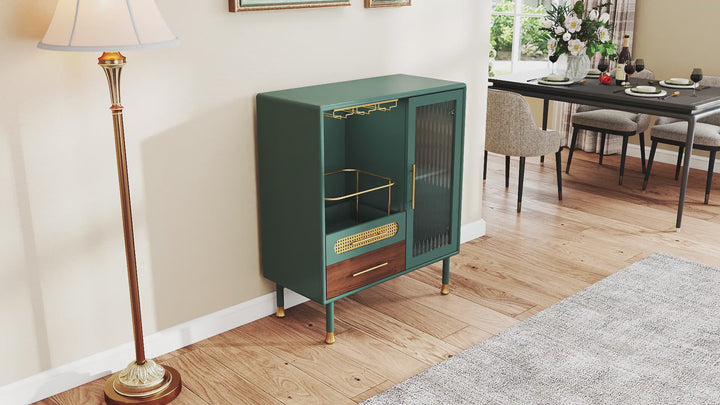 HLR® Modern Green Coffee Bar & Liquor Cabinet – Pull-Out Wine Storage, Wine Glass Rack & Drawers – Versatile Storage for Kitchen, Dining & Living Room