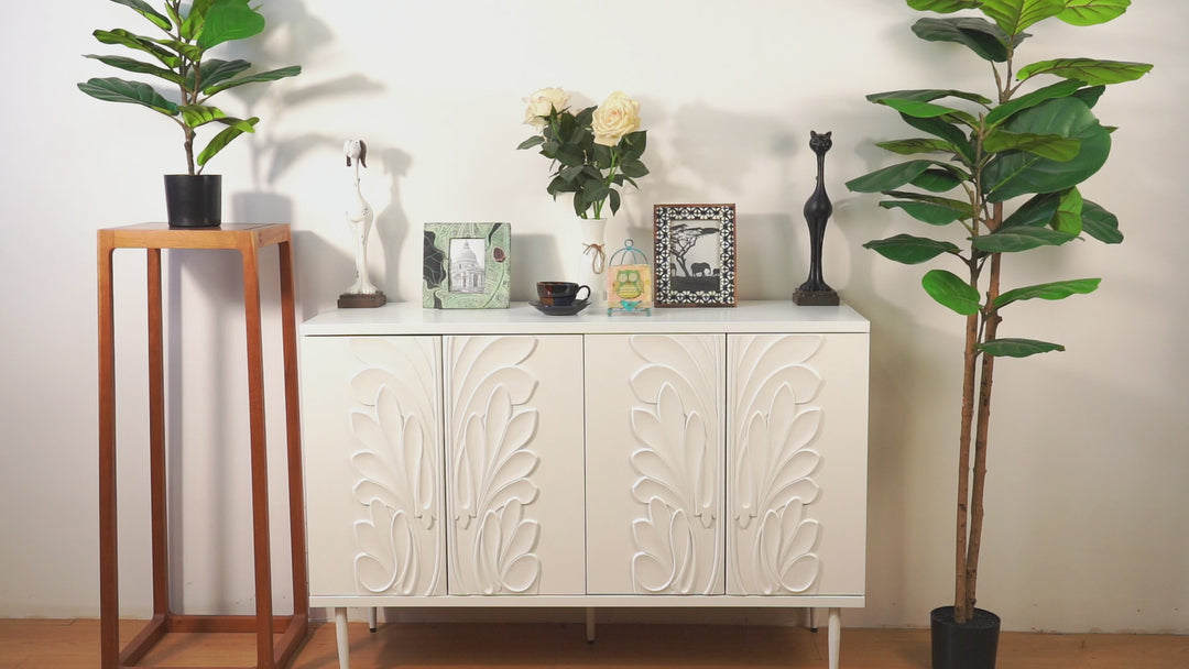 HLR® 47.24''W Modern Credenza Sideboard – 4-Door 3D Floral Design Storage Cabinet for Dining & Kitchen