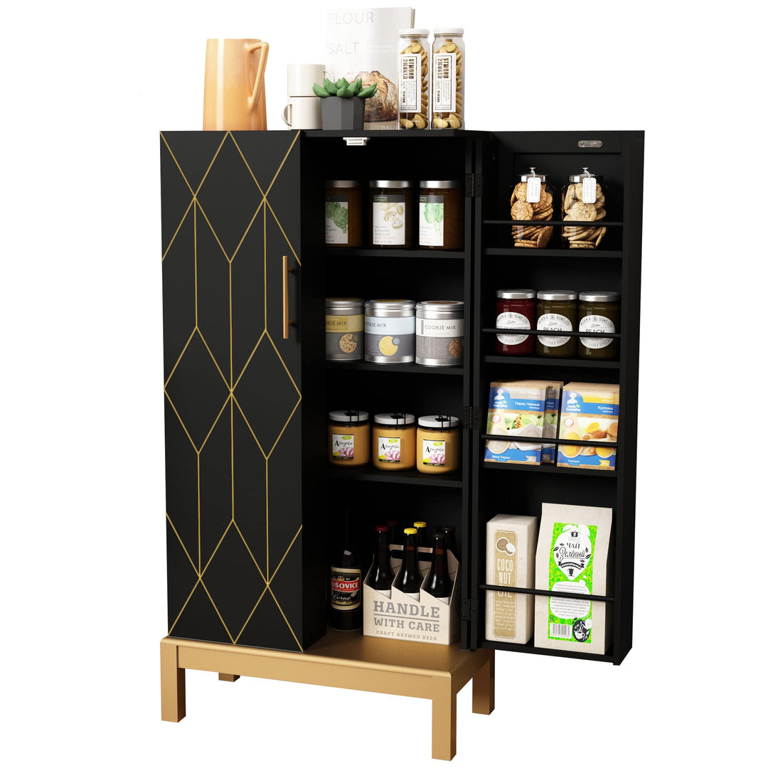 HLR® 45" Kitchen Pantry Cabinet with Gold Trim – Storage Cabinet for Kitchen & Dining Room